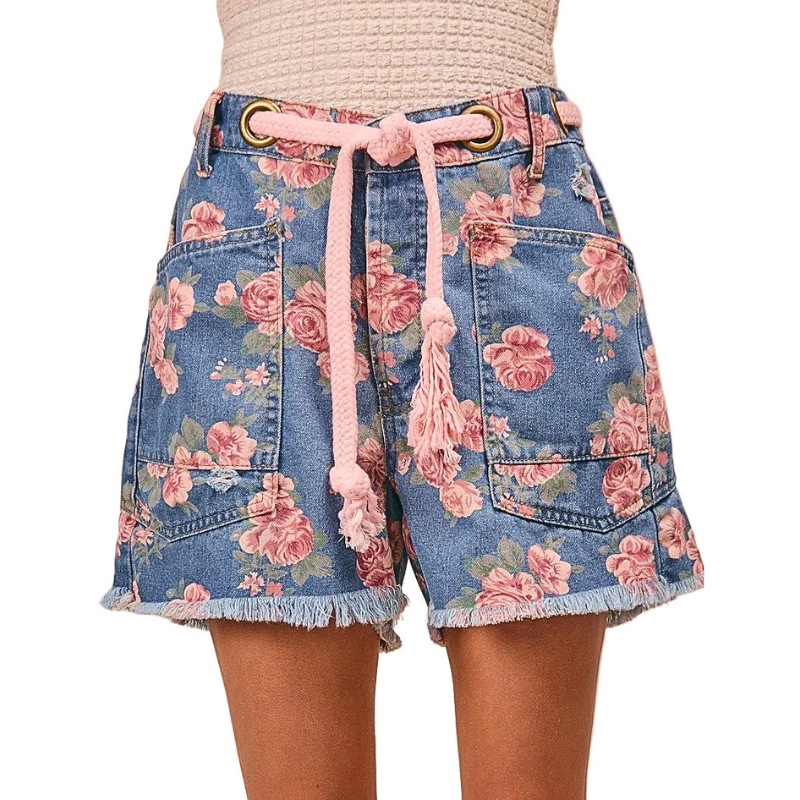 BiBi Floral Denim Shorts Drawstring High Waist Raw Tassel Hem Casual Front Pockets