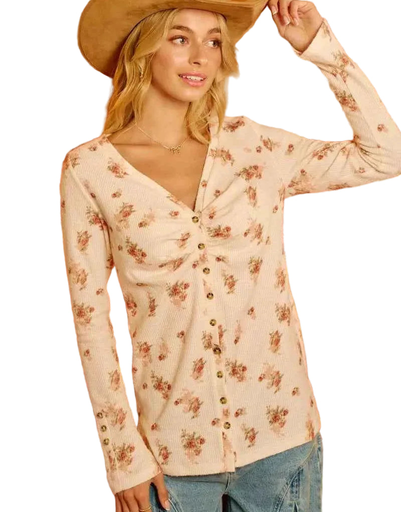 BiBi Floral Print Textured Button Up Shirt With Shirred Detail Women’s Top