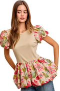 BiBi Floral Printed Bubble Sleeves Peplum Top Women’s Ruffle Blouse Summer