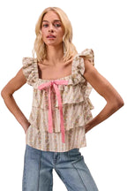 BiBi Floral Printed Woven Front Bow Tied Ruffled Square Neck Sleeveless Top