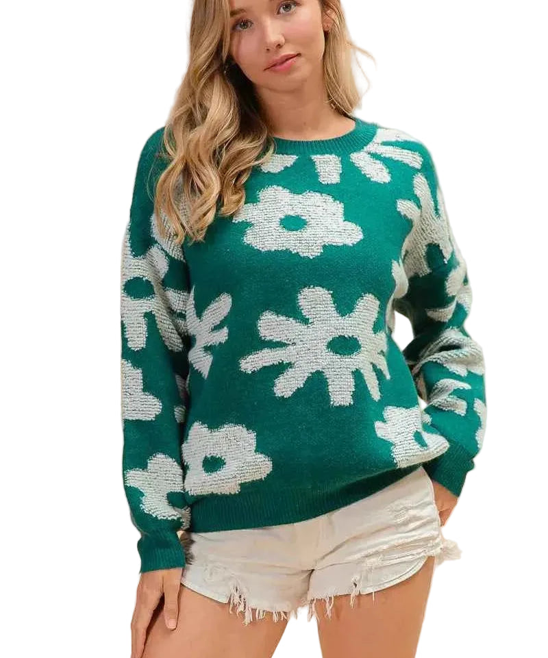 BiBi Flower Pattern Long Sleeve Sweater Top – Women’s Floral Knit Pullover - STYLEINGER