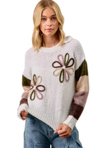 BiBi Flower Women's Sweater Color Block Ivory Brown Knit Pullover IVORY COMBO BiBi_Flower_Women_s_Sweater_Color_Block_Ivory_Brown_Knit_Pullover Trendsi