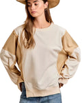BiBi French Terry Sweatshirt Color Block Top Women Casual Open Seam Detail - Styleinger