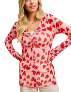 BiBi Button Down Heart Printed Mesh Shirt with Ruched Front