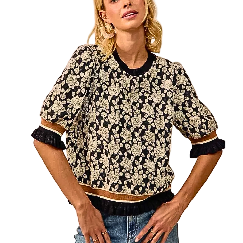 BiBi Sweater Knit Top Floral Textured Rose Black Ruffle Contrast Puff 3/4 Sleeve Pullover