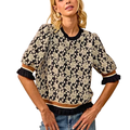 BiBi Sweater Knit Top Floral Textured Rose Black Ruffle Contrast Puff 3/4 Sleeve Pullover