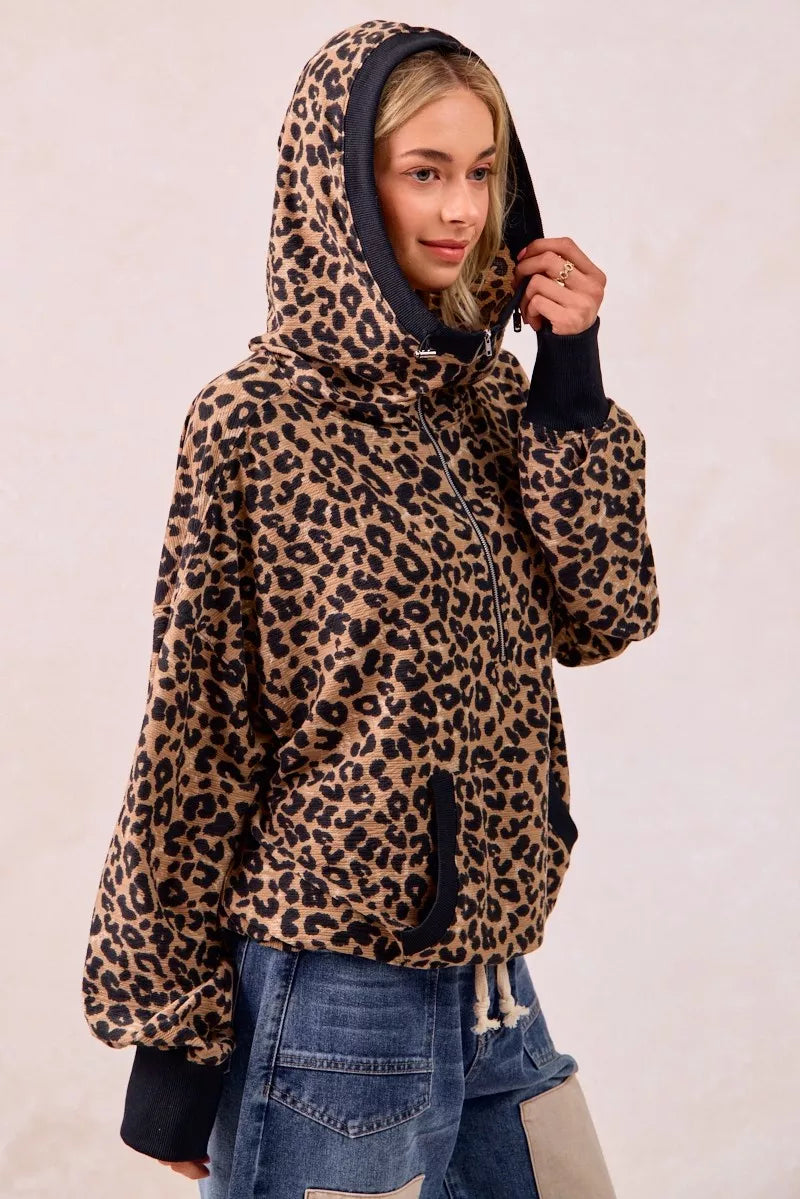 BiBi Leopard Print Hoodie Womens Waffle Half Zip Up With Pockets BiBi_Leopard_Print_Hoodie_Womens_Waffle_Half_Zip_Up_With_Pockets Trendsi