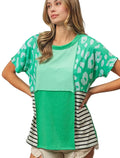 BiBi Leopard & Stripe Color Block Top With Exposed Seam Trendy Women’s Shirt