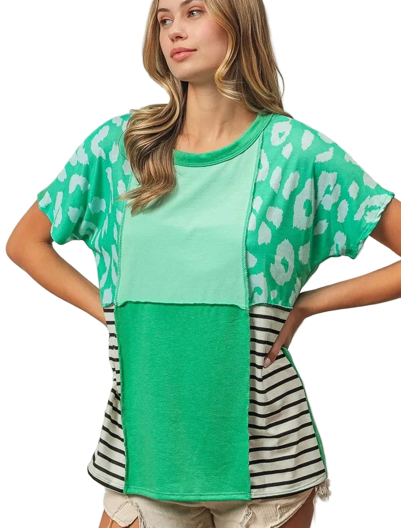 BiBi Leopard & Stripe Color Block Top With Exposed Seam Trendy Women’s Shirt