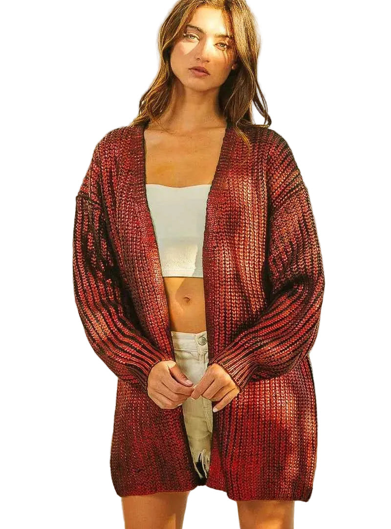 BiBi Metallic Knit V-Neck Open Sweater Cardigan Women Shimmer Knit Top S-XL - STYLEINGER