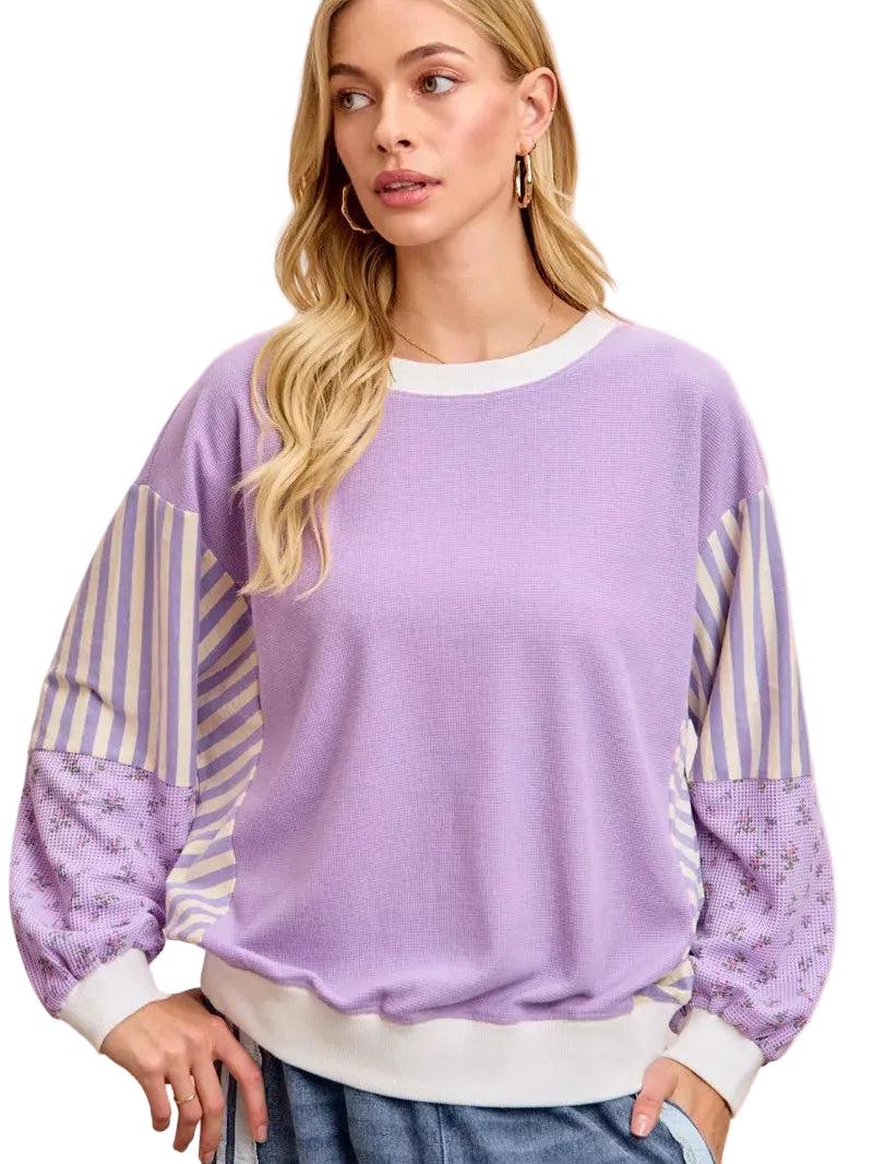 BiBi Mix & Match Striped Sweatshirt with Floral Sleeves Women’s Casual Top
