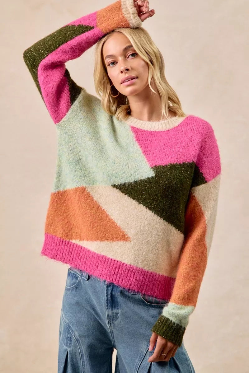 BiBi Multi Color Block Sweater Womens Cozy Knit Fashion Pullover PINK MULTI