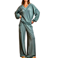 BiBi Outfit Set Casual Loose V-Neck Long Sleeve Top Rib and Wide Leg Pants 2 Pcs