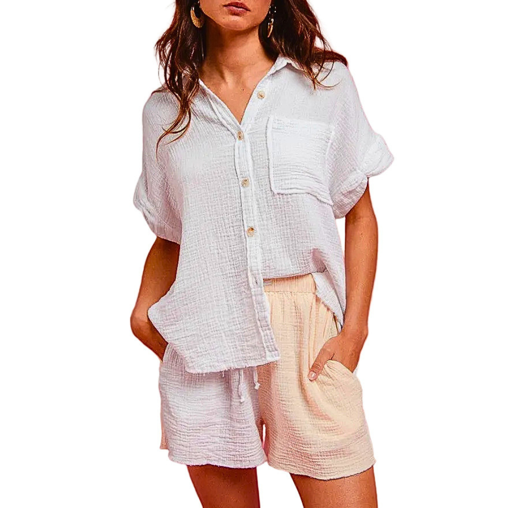 BiBi Outfit Set Cotton Gauze Casual Shirt Blouse Short Sleeve & Shorts Off White 2 Pcs