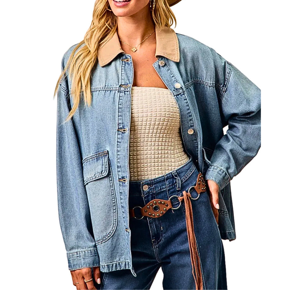 BiBi Oversized Denim Jacket Western Style Light Washed Long Sleeve Lightweight Trucker