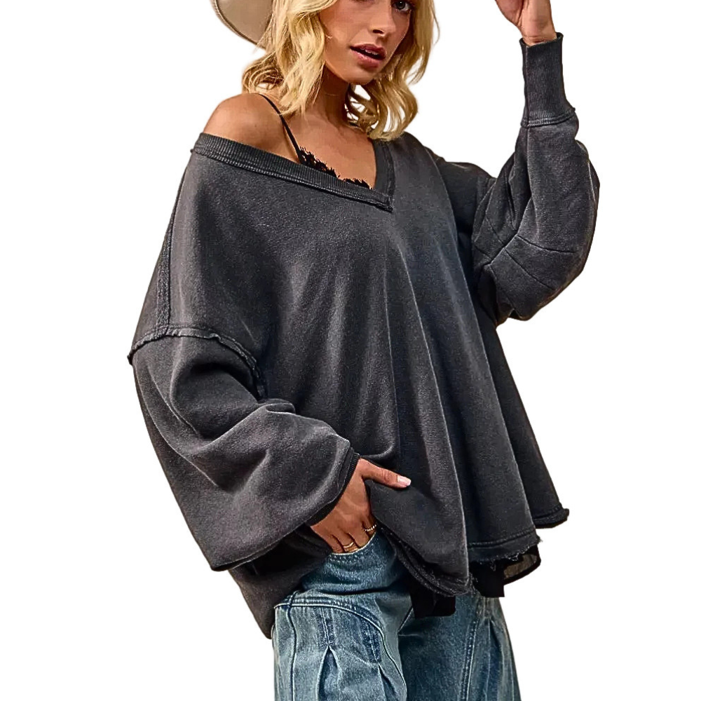 BiBi Oversized Sweatshirt Ash Black Mineral Wash V-Neck French Terry Top