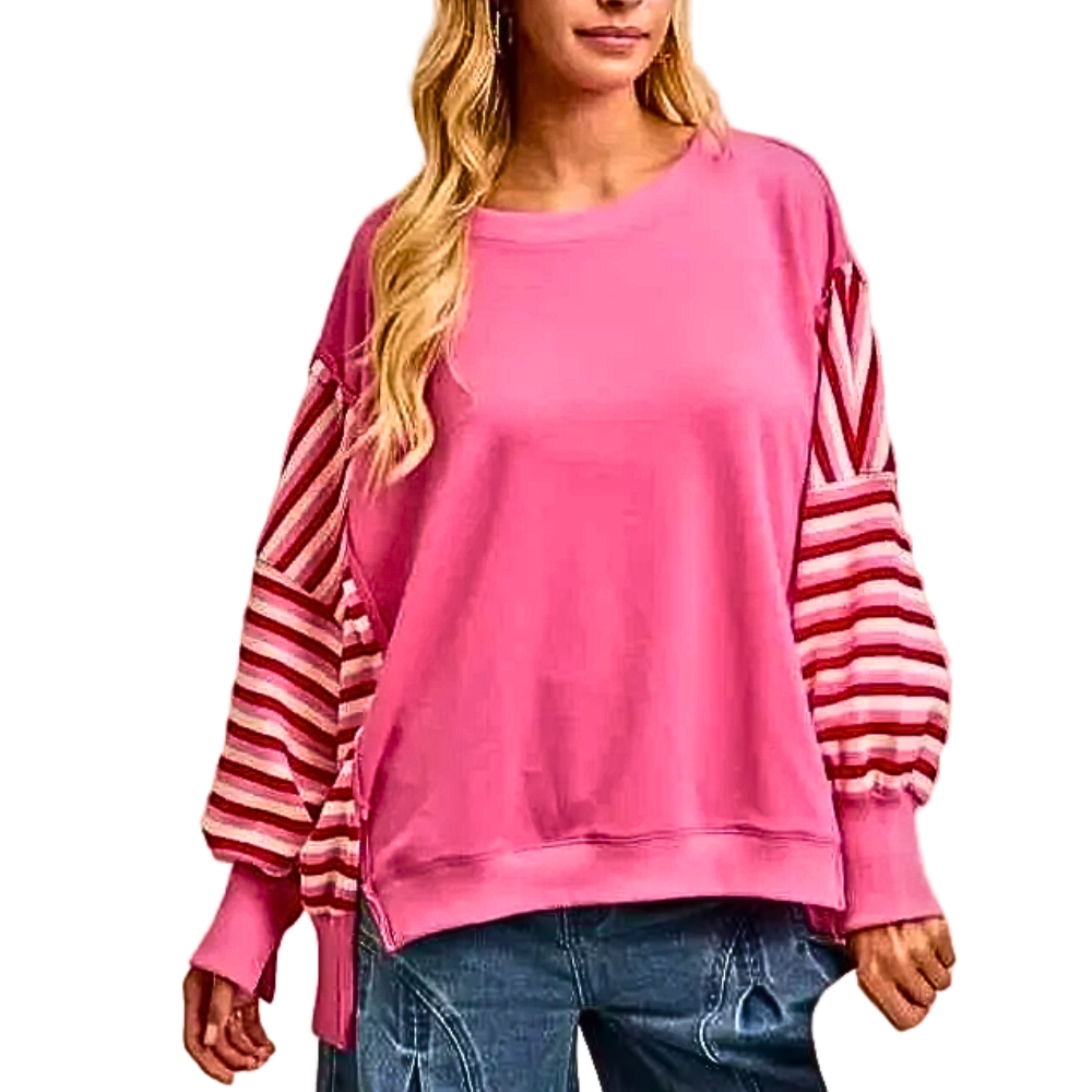 BiBi Oversized Sweatshirt Cotton Stripe Long Sleeve Pink French Terry Casual Pullover