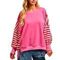 BiBi Oversized Sweatshirt Cotton Stripe Long Sleeve Pink French Terry Casual Pullover