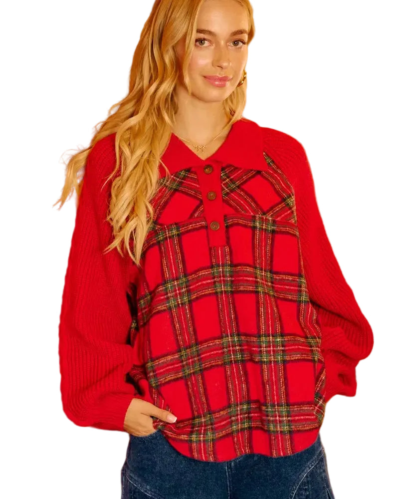 BiBi Plaid Buttoned Collared Top Red Sweater Sleeves Women’s Casual Shirt - STYLEINGER
