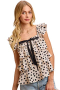 BiBi Polka Dot Blouse Ruffled Bow Tied Square Neck Sleeveless Top Cream Black