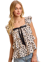 BiBi Polka Dot Blouse Ruffled Bow Tied Square Neck Sleeveless Top Cream Black
