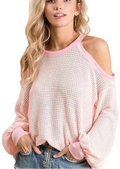 BiBi Popcorn Waffle Cold Shoulder Top Women Textured Knit Casual S‑L Blush Pink- STYLEINGER