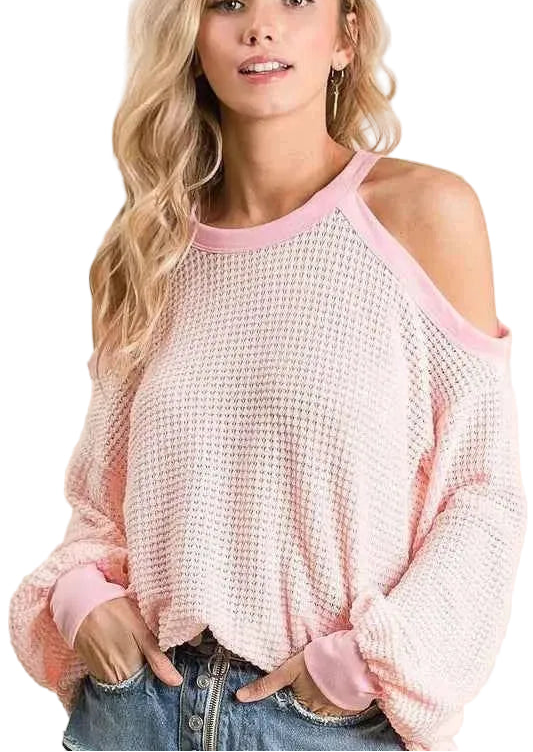 BiBi Popcorn Waffle Cold Shoulder Top Women Textured Knit Casual S‑L Blush Pink- STYLEINGER