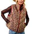 BiBi Quilted Vest Coat Leopard Sleeveless Red Trim High Neck Fashionable with Pockets