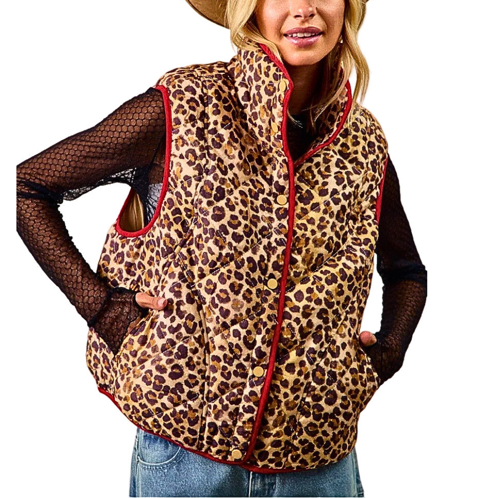 BiBi Quilted Vest Coat Leopard Sleeveless Red Trim High Neck Fashionable with Pockets