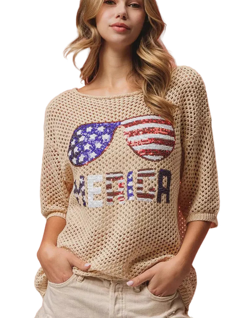 BiBi Sequin American Flag Knit Cover Up Women Patriotic Open‑Knit Beige Top - Styleinger
