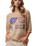 BiBi Sequin American Flag Knit Cover Up Women Patriotic Open‑Knit Beige Top - Styleinger