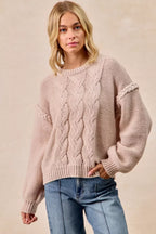 BiBi Sweater Cable Knit Womens Mocha Pullover with Shoulder Braid Detail MOCHA BiBi_Sweater_Cable_Knit_Womens_Mocha_Pullover_with_Shoulder_Braid_Detail Trendsi