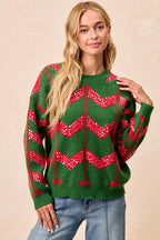 BiBi Sweater Christmas Theme Chevron Sequins Womens Green Red Pullover HUNTER RED BiBi_Sweater_Christmas_Theme_Chevron_Sequins_Womens_Green_Red_Pullover Trendsi
