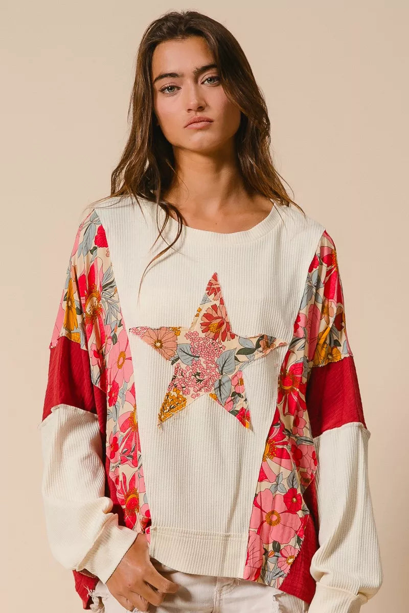 BiBi Sweatshirt Floral Print Mixed Star Patch Round Neck Top OATMEAL RUST BiBi_Sweatshirt_Floral_Print_Mixed_Star_Patch_Round_Neck_Top Trendsi