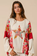 BiBi Sweatshirt Floral Print Mixed Star Patch Round Neck Top OATMEAL RUST BiBi_Sweatshirt_Floral_Print_Mixed_Star_Patch_Round_Neck_Top Trendsi