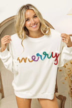 BiBi Sweatshirt White Merry Tinsel Lettering Drop Shoulder Pullover WHITE MULTI BiBi_Sweatshirt_White_Merry_Tinsel_Lettering_Drop_Shoulder_Pullover Trendsi