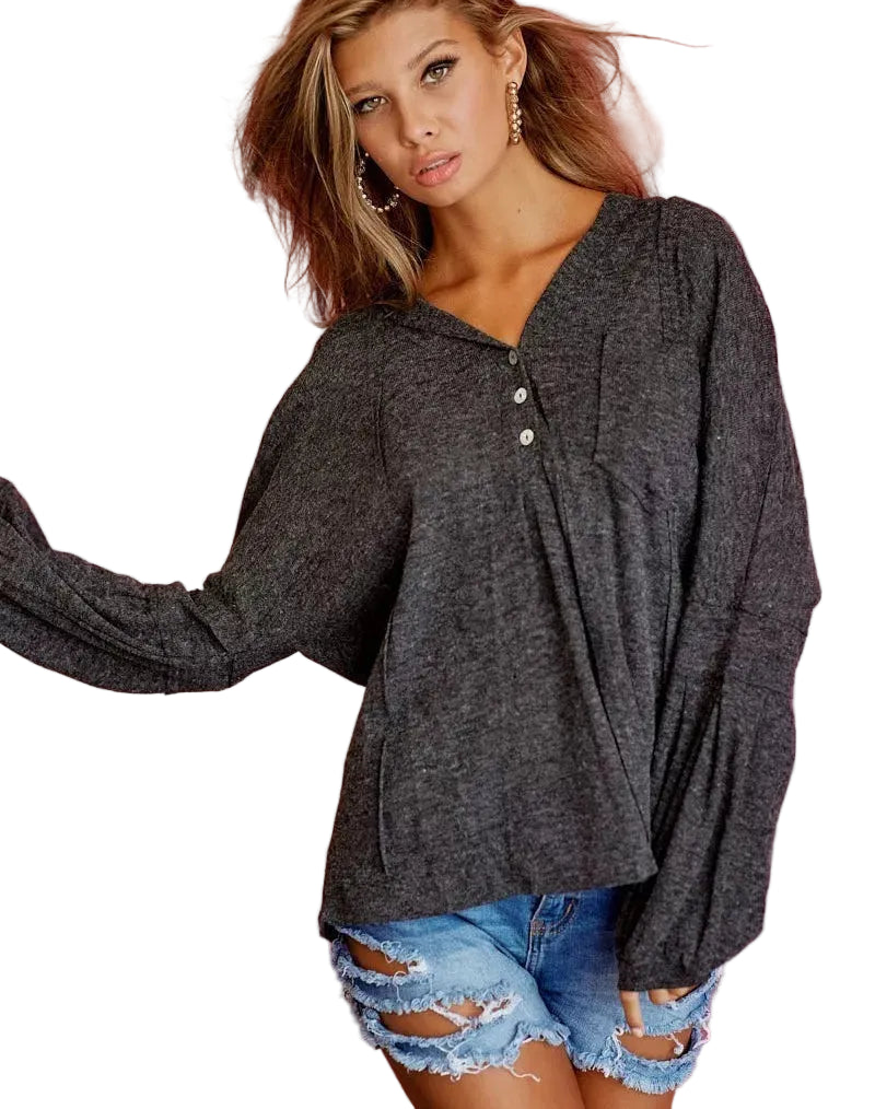 BiBi Textured Knit Hoodie Black with Buttoned Placket Women’s Casual Pullover Top - Styleinger