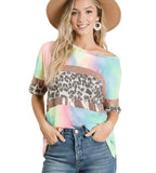 BiBi Tie Dye Terry Top Leopard & Sequins Block Women’s Casual Statement Tee - STYLEINGER
