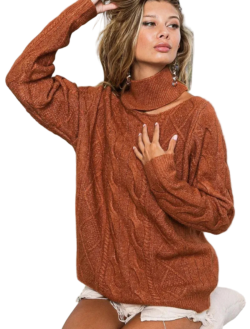 BiBi Twist Knitted Mock Neck Sweater Open One Shoulder Women’s Knit Top - Styleinger