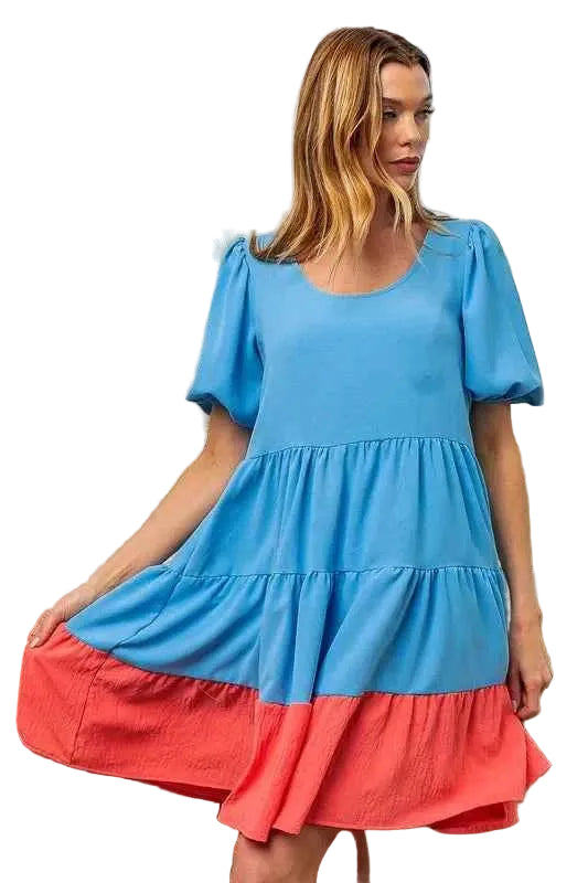 BiBi Two-Tone Balloon Sleeves U-Neck Tiered Ruffle Hem Mini Dress Women’s