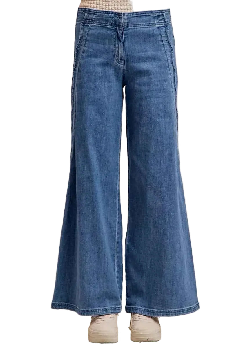 BiBi Wide Leg Jeans Wavy Side Seams Edge Detail Line Women Denim Pants
