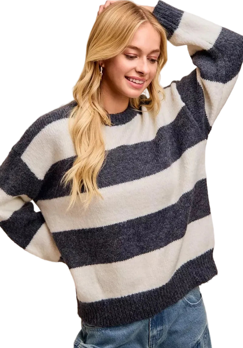 BiBi Wide Stripe Fuzzy Knit Round Neck Sweater Women’s Cozy Casual Top