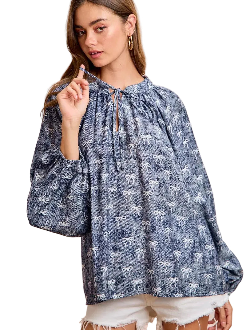 BiBi Women Floral Ribbon Blouse Bow Print Exaggerated Balloon Long Sleeves Top - Styleinger