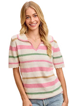 BiBi Women Knit Top Cream Pink Multi Colors Stripes Collared Short Sleve