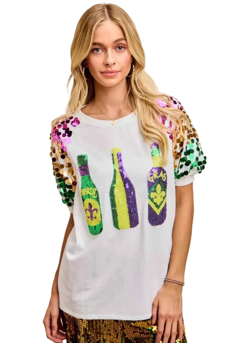 BiBi Women T-shirt Bottles Sequin Mardi Gras Spangled Short Sleeve Top
