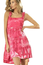 BiBi Women’s Dress Tie Dye Printed Soft Rib Knit Dress with Ruffled Band Coral Pink - Styleinger