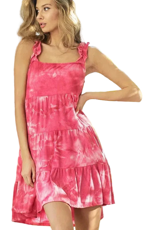 BiBi Women’s Dress Tie Dye Printed Soft Rib Knit Dress with Ruffled Band Coral Pink - Styleinger