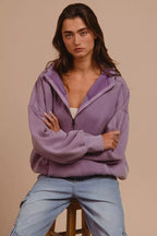 BiBi Women's Fleece Hoodie Purple Stitch Detailed Elastic Hem Half Zip Top PERIWINKLE BiBi_Women_s_Fleece_Hoodie_Purple_Stitch_Detailed_Elastic_Hem_Half_Zip_Top Trendsi
