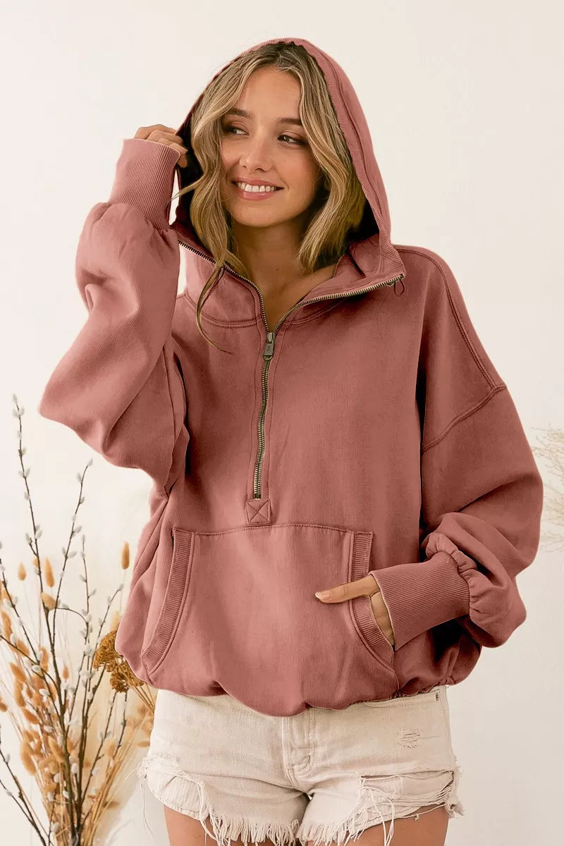 BiBi Women's Fleece Hoodie Terracotta Stitch Detailed Elastic Hem Half Zip TERRACOTTA BiBi_Women_s_Fleece_Hoodie_Terracotta_Stitch_Detailed_Elastic_Hem_Half_Zip Trendsi