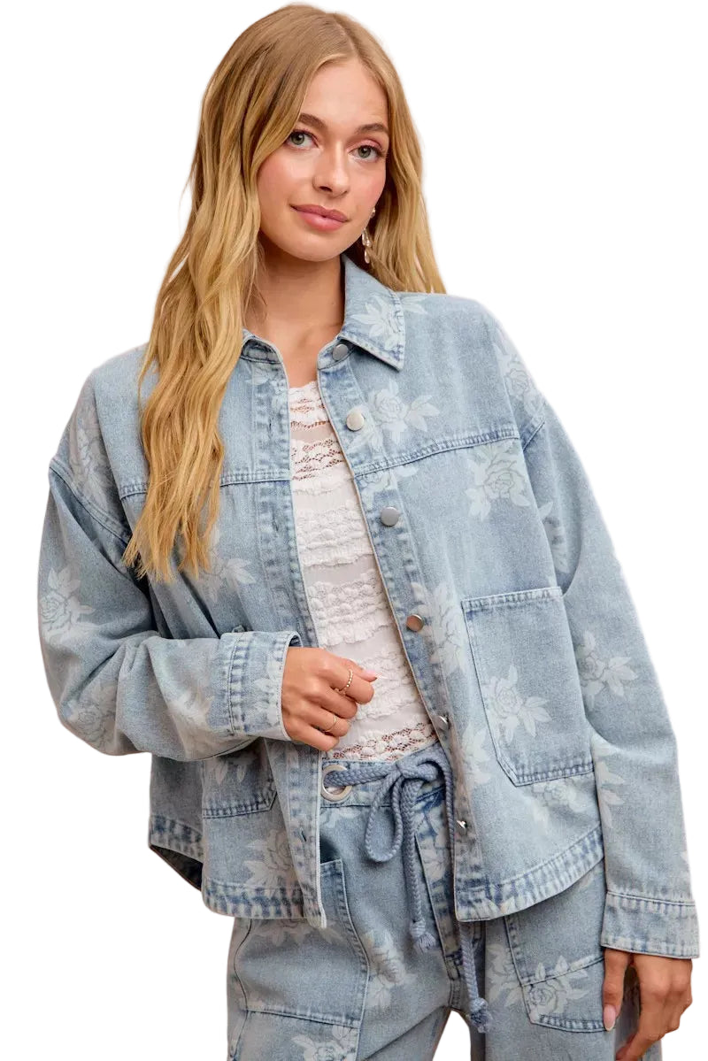 BiBi Women's Floral Print Light Wash Denim Jacket with Pockets | Styleinger